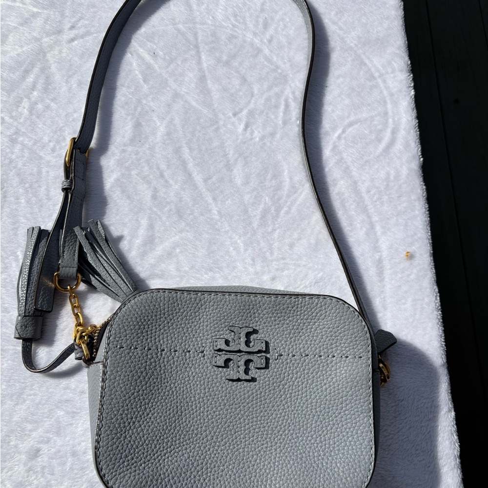Tory Burch Gray Crossbody Bag with Pebbled Leather and Gold Hardware